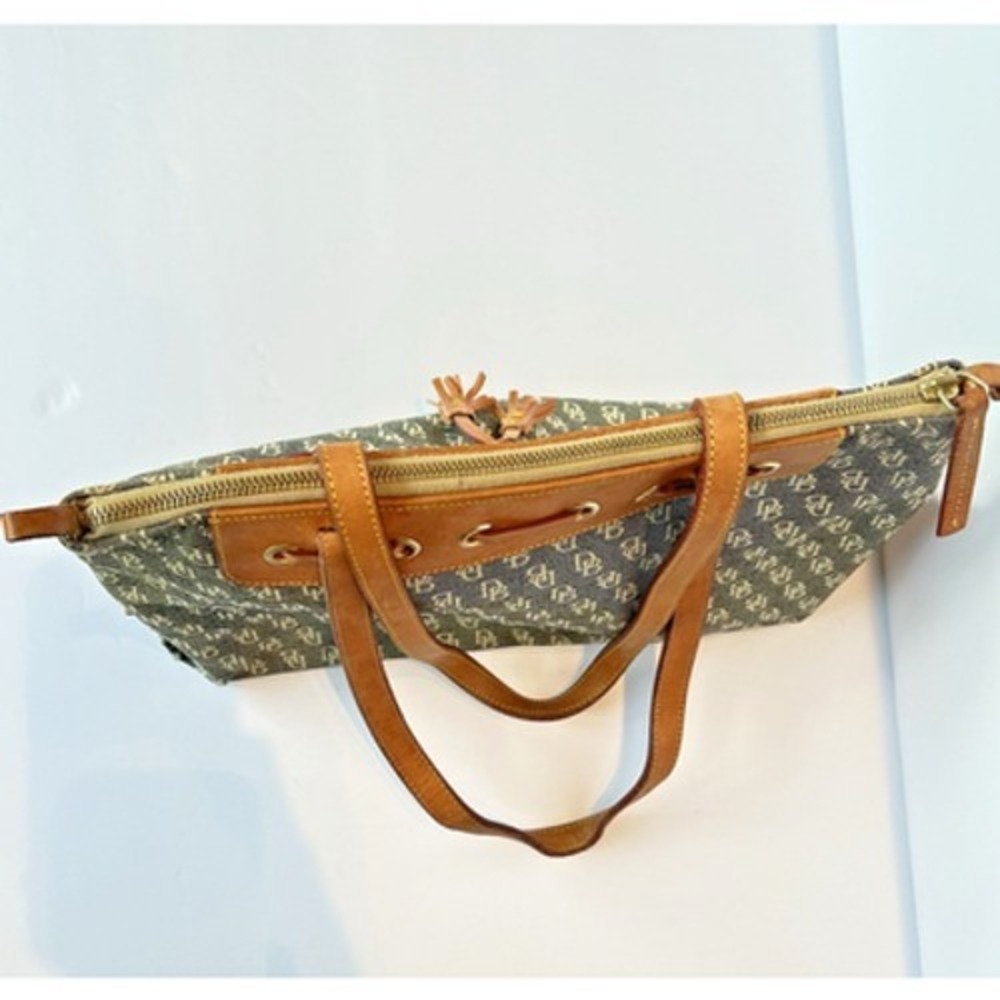 Dooney & Bourke Monogram Canvas Tote Bag Blue Tan Leather Trim Vintage Y2K Boho - Picture 6 of 8